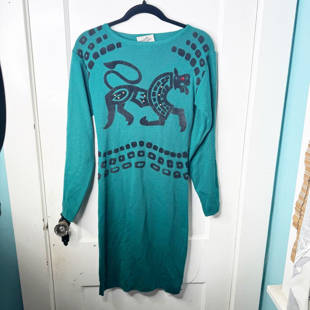 VTG Dressy Tessy Teal Sweater Dress Velvet Jewel Accents Ancient Egyptian Style